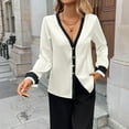 thumbnail image 2 of YueHuiYing Women's Elegant Pearl-Button Deep V-Neck Color-Block Single-Breasted Long-Sleeve Top/Blouse, 2 of 9