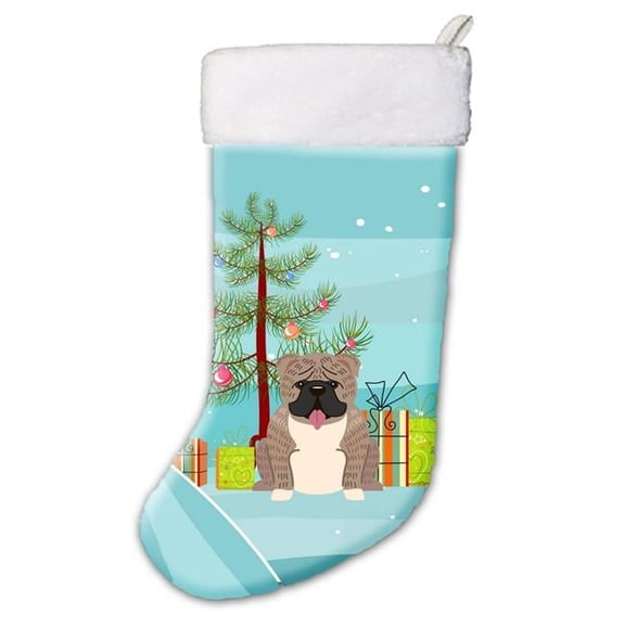 Carolines Treasures  Merry Christmas Tree English Bulldog Grey & Brindle Christmas Stocking - Grey & Brindle - 18in. H x 0.25in. W x 11in. L