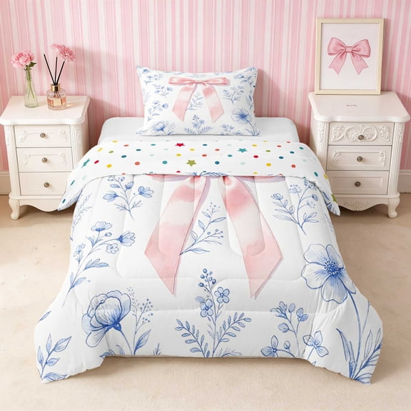Erosebridal Pink Satin Bow Cherry Blossom Twin Comforter Sets for Girls, Romantic Rose Floral Bedding Set, Polka Dots Reversible 2-Piece 1 Comforter and 1 Pillowcase