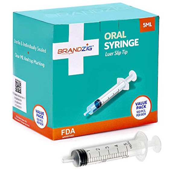 5ml Oral Syringes - 100 Pack - Luer Slip Tip, No Needle, Individually Blister Packed - Medicine Administration for Infants, Toddlers and Small Pets (No Cover)