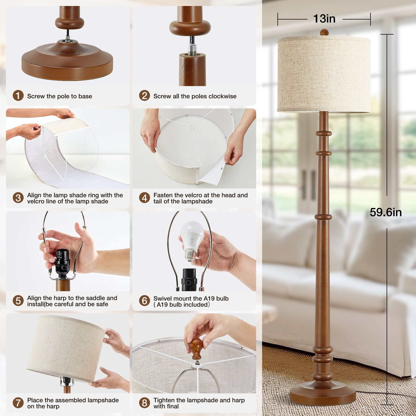 NATYSWAN Floor Lamps for Living Room - 60" Wood Farmhouse Floor Lamp with Adjustable Color Temperatures - Vintage Standing Lamp Reading Light with Linen Shade Rustic Tall Lamp for Bedroom