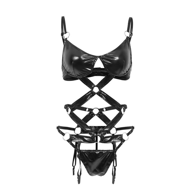 Leather Women's Exotic Lingerie Sets Harness Bra and