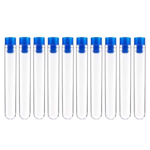 50 tubos de ensayo desechables con tapones azules, material de laboratorio (tubos de ensayo de plástico).
