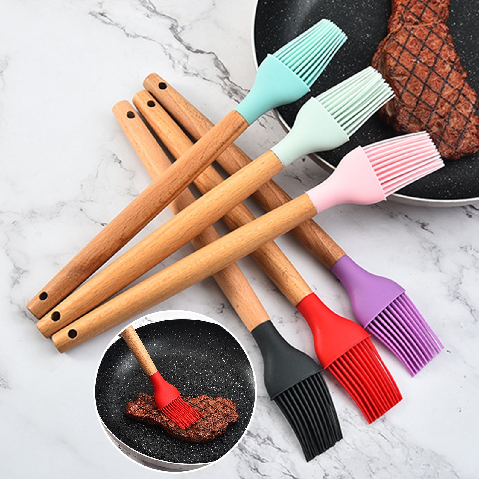 Cooking,Spread Non-Stick Tool Set Cooking Utensils Kitchen Utensil Set Baking Pack of 1 Pastel Pastry Brush & 1 Pastel Spatulas with Beech Wood Handle BBQ Grill Barbecue Blue