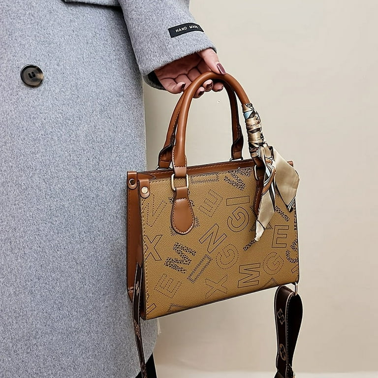 QUARRYUS Letter Graphic Hand Square Bag, Women's Scarf Decor Shoulder Zipper Purse, Wide Strap Crossbody Bag, Size: One size, Brown