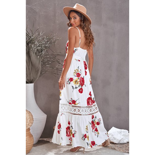 ABPHQTO Vestido maxi floral blanco con tiras finas y encaje para mujer