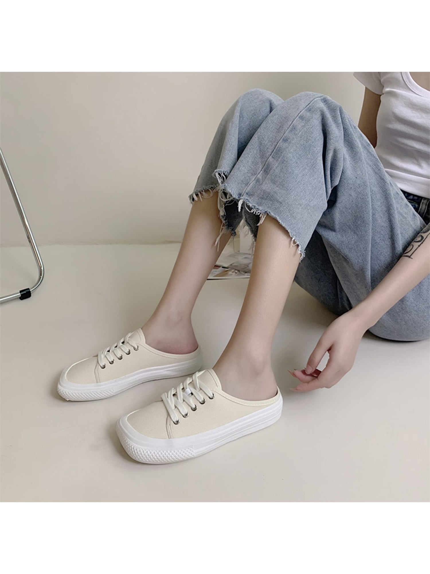 Women's Canvas Platform Shoes Slip On Mules Slippers Low Top Backless Sneakers for Walking 