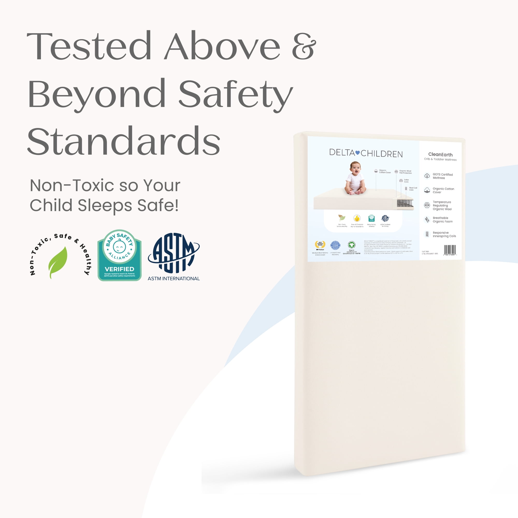 Delta Children CleanEarth Certified Organic Crib and Toddler Mattress – GOTS Certified, Non-Toxic Breathable Baby Mattress - Regulates Temperature, 10-Year Warranty