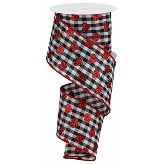 Red Heart Black White Buffalo Plaid Wired Ribbon Valentine's Day Valentines | 10 Yard x 2.5 Inches