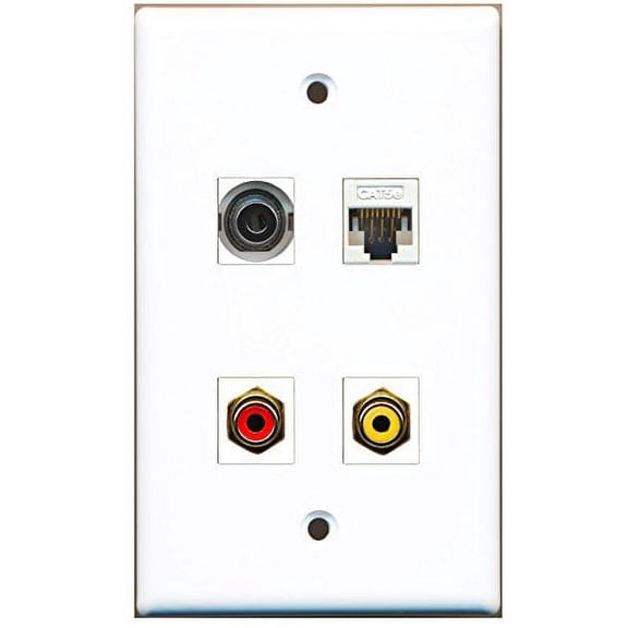 RiteAV - 1 Port RCA Red 1 Port RCA Yellow 1 Port 3.5mm 1 Port Cat5e Ethernet White Wall Plate