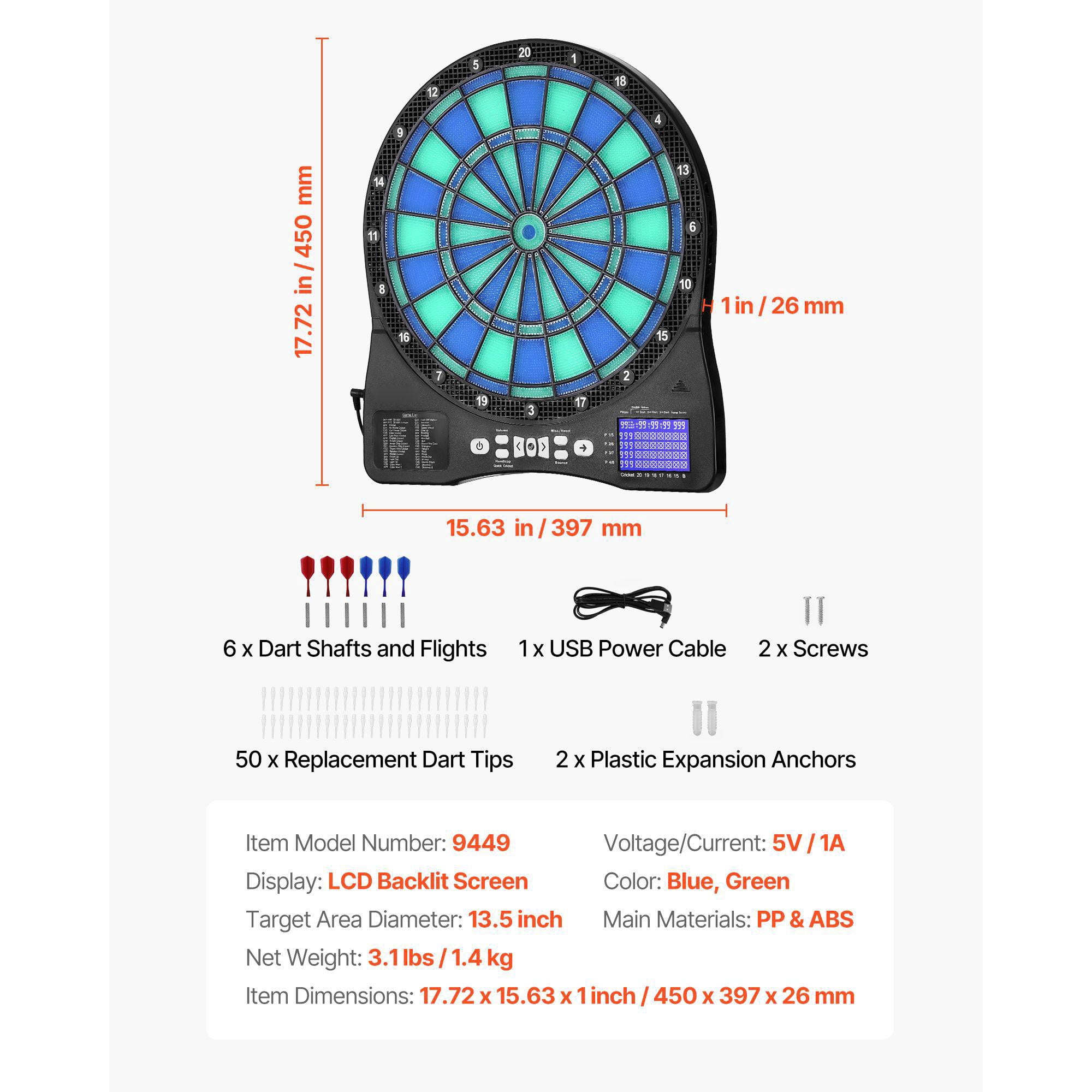 Electronic Dart Board LED Illuminated Target with 48 Games 500 Variations 6 Dart Shafts Flights 50 Soft Tips Cricket Scoring LCD Screen Supports 8 Players