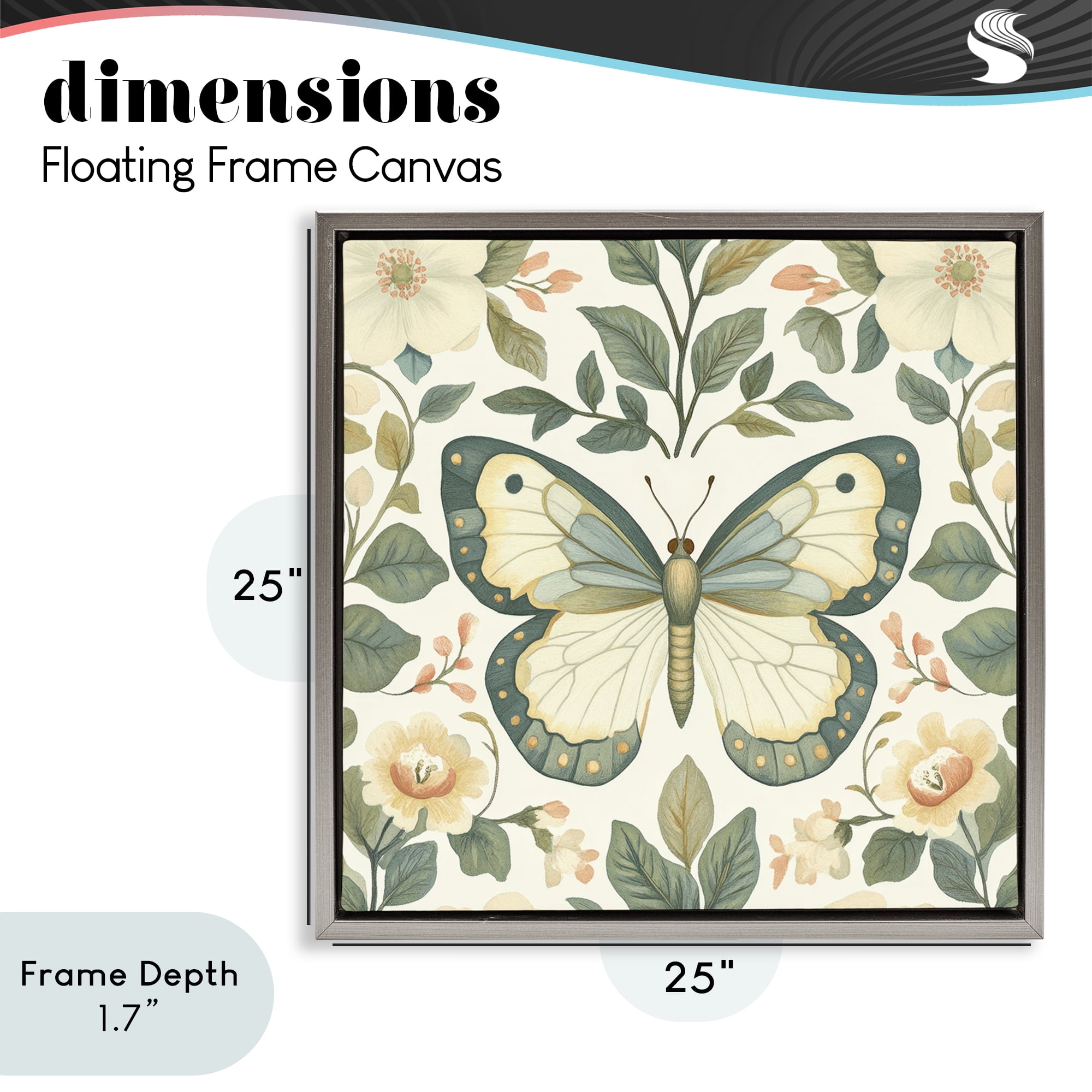 Stupell Industries Sage Butterfly and Florals Gray Framed Floater Canvas Wall Art, design by Petal Prints Design
