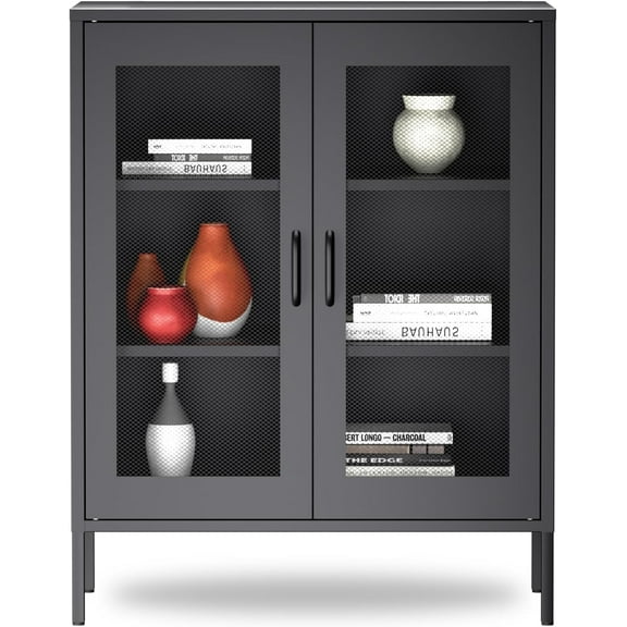 Metal Storage Cabinet,Dispiay Storage Cabinet,Kicthen Storage Cabinet, Ventilated Mesh Doors, Sleek Modern Frame for Home Office, Garage, Gym(Black)
