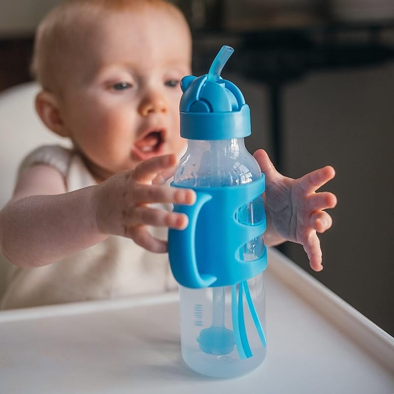 Milestones Narrow Sippy Straw Bottle, Spill-Proof with 100% Silicone Handles and Weighted Straw, 8 oz/250 mL, Gray & Blue, 6m+