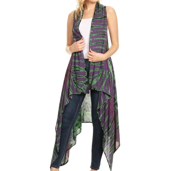 Sakkas Ivana Women's Oversized Draped Open Front Sleeveless Cardigan in Tie Dye - Purple - One Size Regular