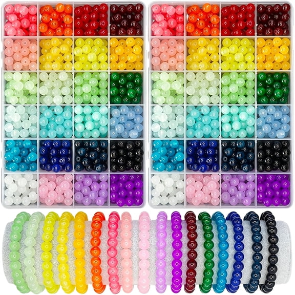 DESIGNICE 1200Pcs 8Mm Glass Beads for Jewelry Making,24 Colors Crystal Beads Bracelets Making Kit,2 Box Round Beads Suitable for Beginners,24 Colors Glass Beads for Jewelry Making
