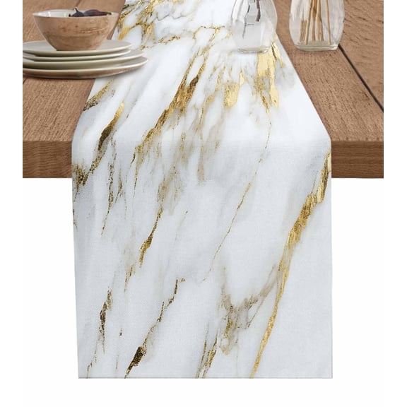 Hokiten Table Runners 108 Inches Long Dress Scarves, White Gold Marble Farmhouse Coffee/Dining/Kitchen Table Runner for Living Room, Simple Marble Geometric 13x108 Inch