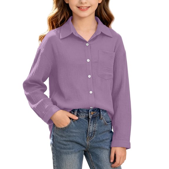 Maean Girls Button down Shirts with Pockets Solid Color Long Sleeve Casual Loose Fall Fashion Shirt