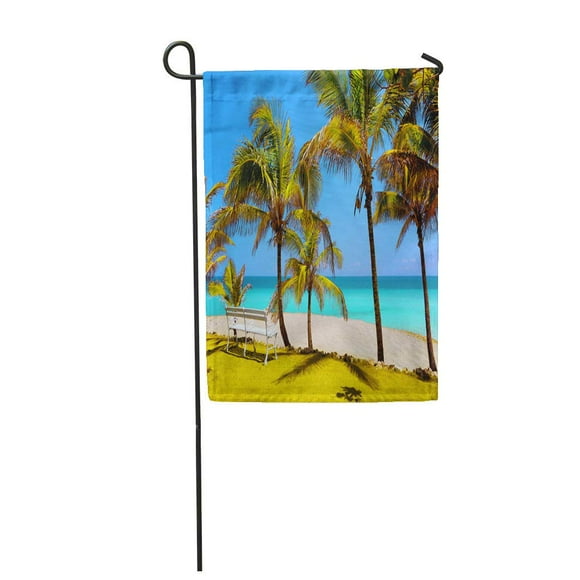 POGLIP Blue Cuba Beach in Varadero Bench The Sand Colorful Garden Flag Decorative Flag House Banner 12x18 inch