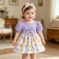 thumbnail image 5 of WhouRiu Baby Girls Summer Dress Puff Short Sleeve Crew Neck Floral Print Ribbed Dresses With Headband Kids Cute Everyday Sundress,18-24 Months, 5 of 9