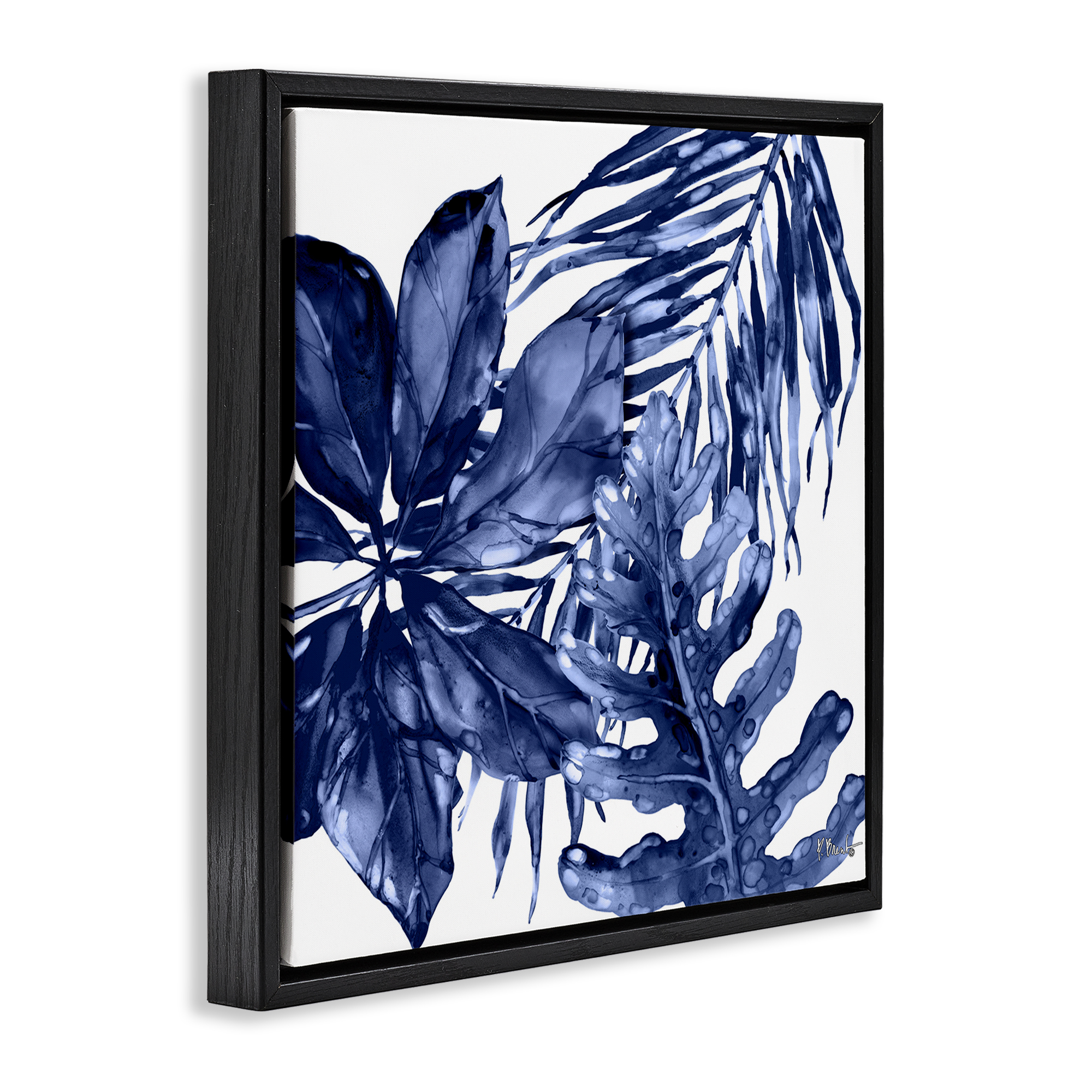 Stupell Industries Blue Hued Plant Leaves Botanical & Floral Painting Black Floater Framed Canvas Art Print Wall Art, 25 x 25