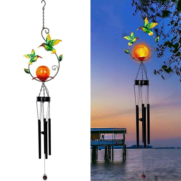 Solar Outdoor Wind Chimes, Hummingbird Wind Chime With Warm White Led Globe Glass, Mobile