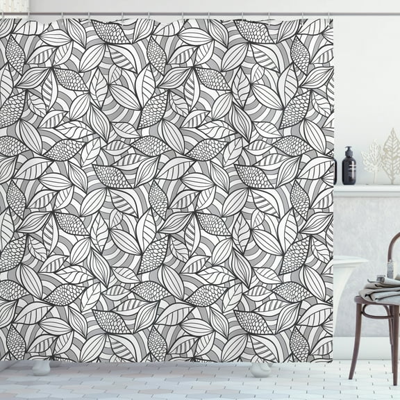 Ambesonne Leaves Shower Curtain, Abstract Doodle Foliage, 69"Wx84"L, Grey Black White