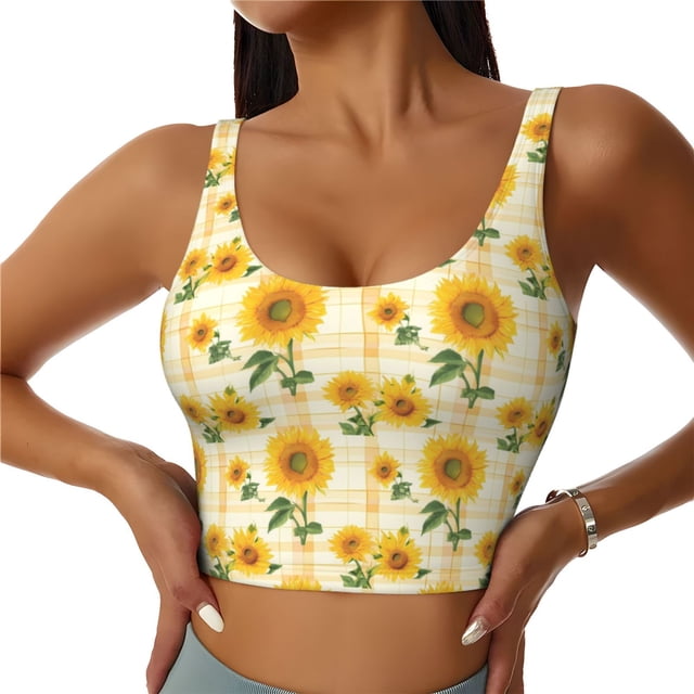 Fotbe Yellow White Plaid Sunflower Sujetador Deportivo Largo sin Aros para Mujer con Almohadillas y Soporte Medio, Transpirable y Absorbente, Camiseta Tipo Chaleco o Tank Top-Medium