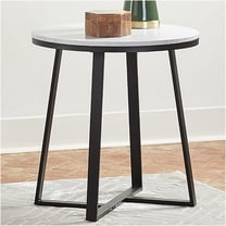 JERFIT Modern Round End Table with Faux Marble Top, Black Metal Base, Accent Table for Living Room, Bedroom, Small Space, Nightstand