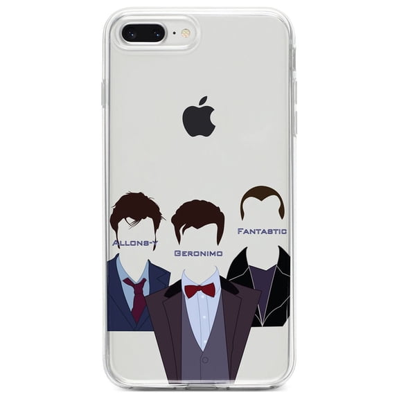 DistinctInk Clear Shockproof Hybrid Case for iPhone 7 PLUS / 8 PLUS (5.5" Screen) - TPU Bumper, Acrylic Back, Tempered Glass Screen Protector - Catchphrases of the Doctors