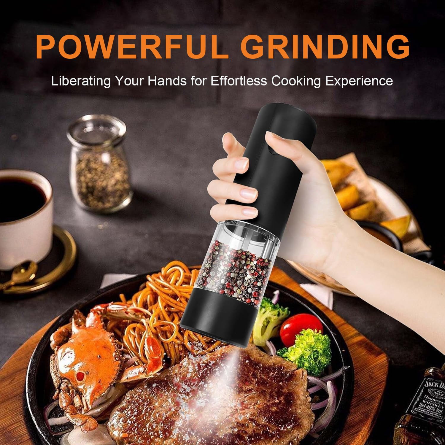 Electric Black Pepper Grinder with Salt Mill Function, Adjustable Coarse/Fine Settings, Quiet 60dB Operation, Perfect for Cooking or Gifting, Black