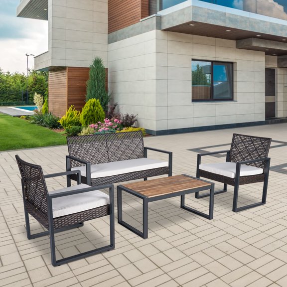 Eyisean 4 Pieces Patio Furniture Set, Patio Conversation Sets with Acacia Wood Table Top, Wicker Outdoor Furniture Set with Cushions & Coffee Table, for Backyard, Porch, Balcony