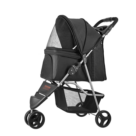 Pet Stroller Foldable 3-Wheel Dog Stroller with Brake for Small Dogs and Cats up to 35lbs, Travel-Friendly Camp Stroller with Spacious Cabin, Breathable Mesh, and Easy One-Hand Fold
