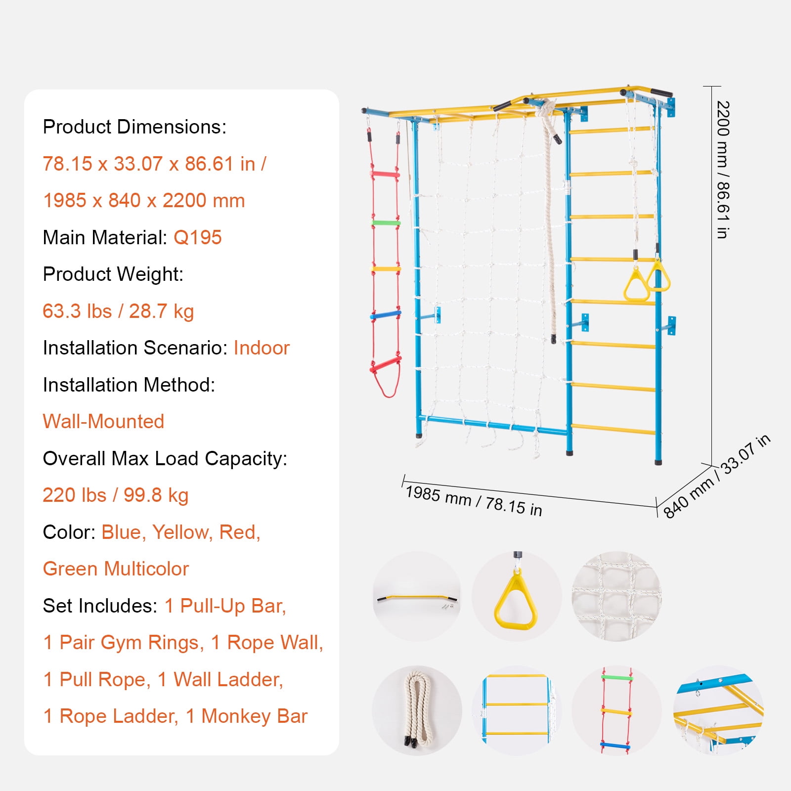 KFFKFF Indoor Play Equipment for Young Kids, 7-Feature Climbing Structure with Carbon Steel Swedish Steps, Wall Steps, Chin-Up Bar, Cord Steps, and Athletic Loops, Holds up to 220 lbs, Various Colors