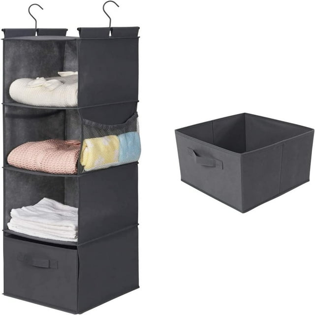 4-Shelf Hanging Closet Organizer Space Saver Cloth Hanging Shelves with 2 Side Pockets Foldable (Grey)