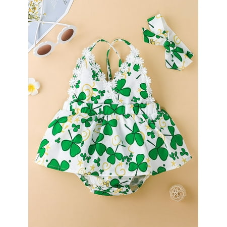 

St Patricks Day Baby Girl Outfit Sleeveless Halter Romper Bodysuit Onesie Dress Infant St Patricks Day Clothes(B-Green Romper 12-18 Months)