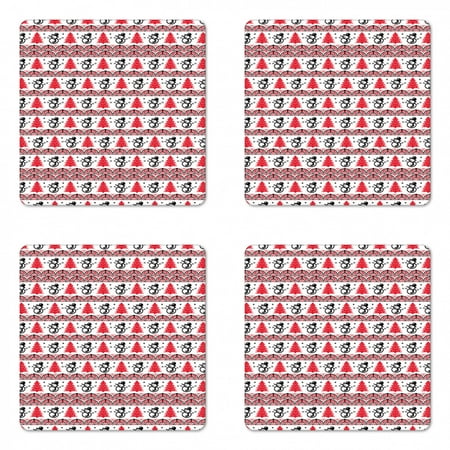 

Christmas Coaster Set of 4 Xmas Pixel Pattern Nordic Inspired Borders with Snowman Pines Snowflakes Square Hardboard Gloss Coasters Standard Size Red Black White by Ambesonne