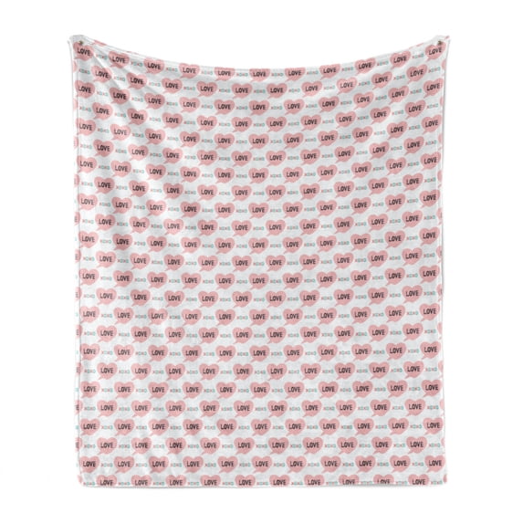 Romantic Soft Flannel Fleece Throw Blanket, Valentine's Day Hearts Along Xoxo Letters Love Themed Teenage Birthday, Cozy Plush for Indoor and Outdoor Use, 50" x 60", Pale Pink and White, by Ambesonne