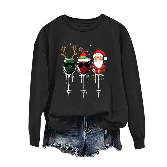Turilly Christmas Sweatshirts Pullover for Women Fashion Printed Long Sleeve Top Loose Fit Sweatshirts Black L