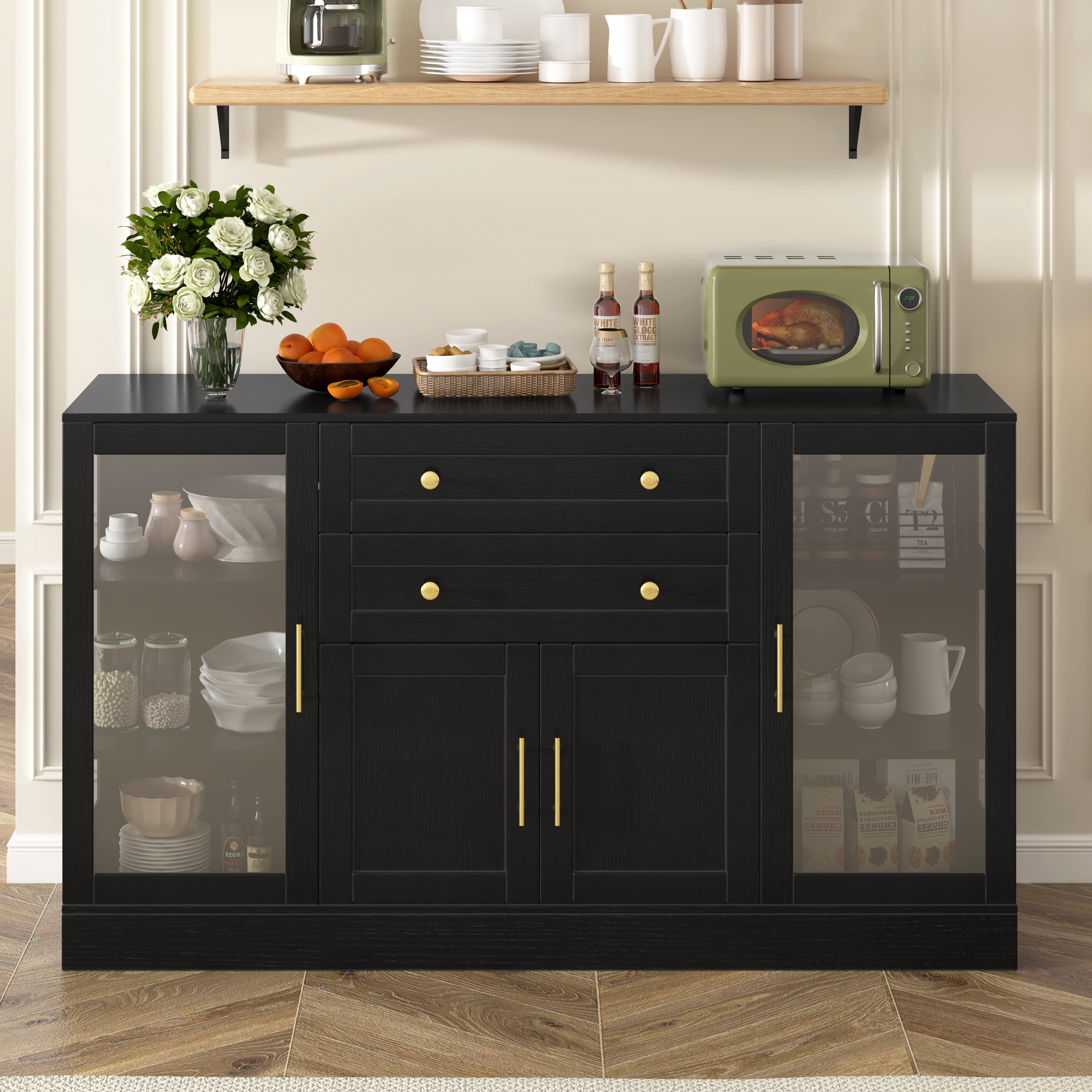 Euroco 58.3" Sideboard Buffet Cabinet with 2 Drawers, Modern Coffee Bar with Adjustable Shelves, Power Outlet & 4 Doors,Credenza Storage Cabinet for Dining Room, Living Room,Black