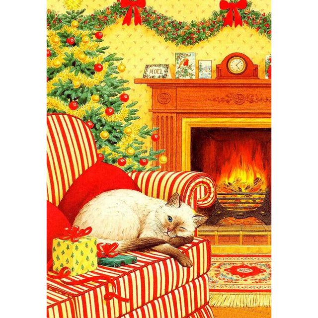 Pintura de diamante (DE6729) Kit de diamantes de imitación cuadrados de gato durmiendo chimenea DIY 45x60cm FLhrweasw Nuevo