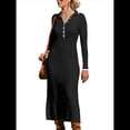 thumbnail image 1 of Vestido de Mujer de Larga con Cuello en V, Suéter de Punto Acanalado con Botones, Corte Entallado, Elegante, Hasta el Suelo Negro L, 1 of 8