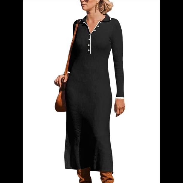 Vestido de Mujer de Larga con Cuello en V, Suéter de Punto Acanalado con Botones, Corte Entallado, Elegante, Hasta el Suelo Negro L