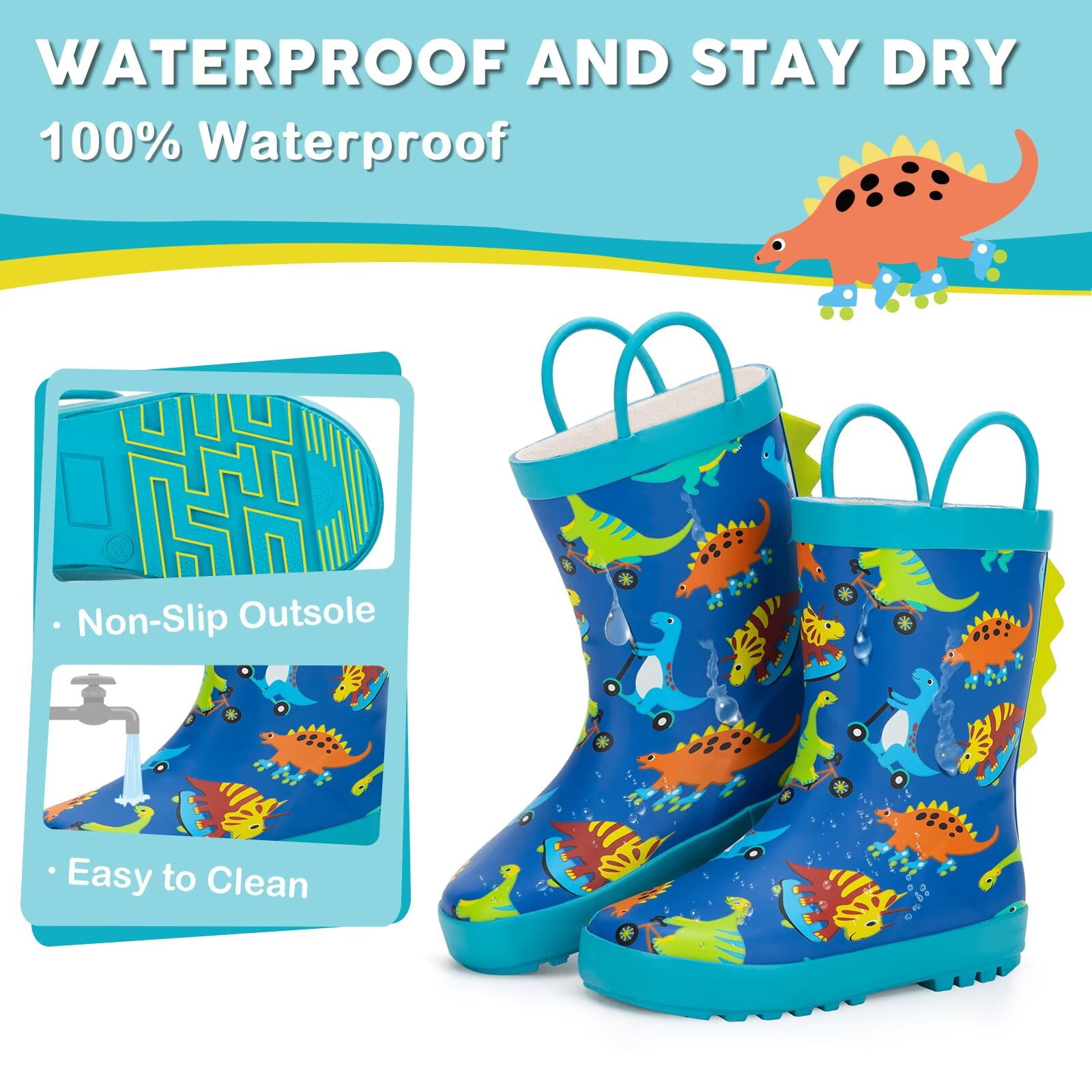 FUNCOO PLUS Toddler Rubber Rain Boots Kids Waterproof Boots for Boys, Dinosaur, Toddler Size 10