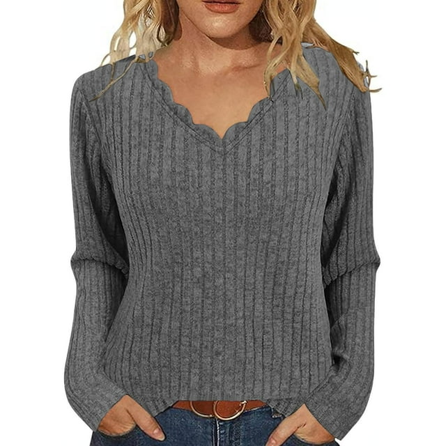 Sweaters for Women Ribbed Wave V Neck Slim Fitted Comfy Knit Casual Work Long Sleeve Shirts