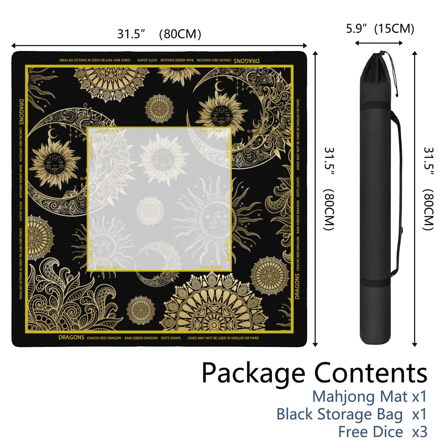 Gothic Mahjong Mat with Rules, 31.5*31.5in Anti Slip American Mahjong Mat for Table, Noise Reduction, Neoprene Mah jongg Mats with Carrying Bag & 3 Dices, Mahjong Set Gift, Board Tile Games Mats