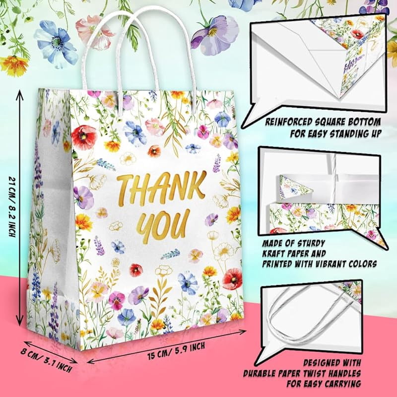 20 Pcs Thank You Party Favor Bags with Handles, Floral Design Thank You Gift Paper Bags for Birthday Baby Shower Wedding Party