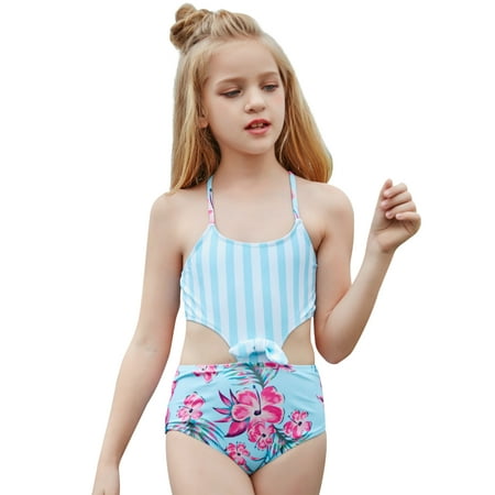 

Baby Girl One-piece Swimsuit Stripe Flower Spaghetti Strap Hollow Out Swimwear