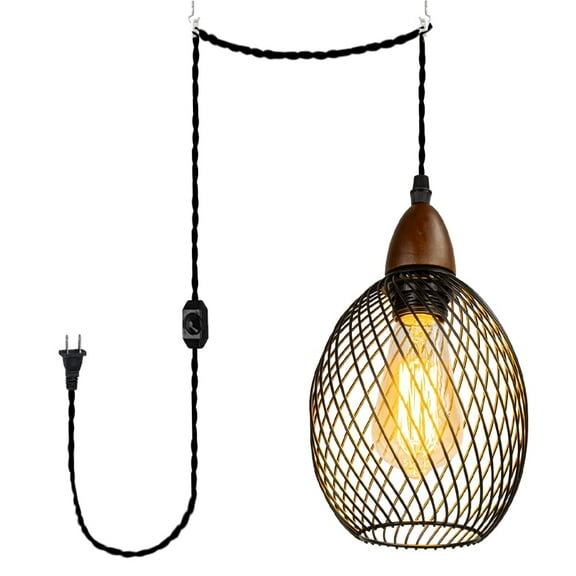 KAYYELAMP 15ft Dimmable Switch Plug Cord Pendant Light Walnut E26 Base Black Metal Oval Cut-Out Shade Vintage Design For Kitchen Sink Dining Table Loft Bar(No Bulb)