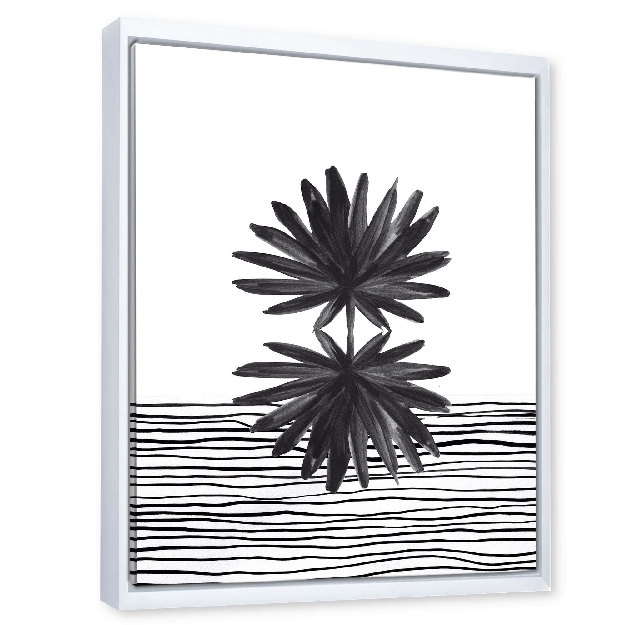 Designart 'Black and White Striped Under Tropical Leaf II' Modern Framed Canvas Wall Art Print